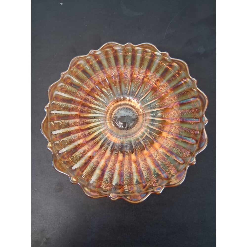 Antique Marigold Carnival Glass Compote 7" Footed Bowl Iridescent Ribbed Pattern